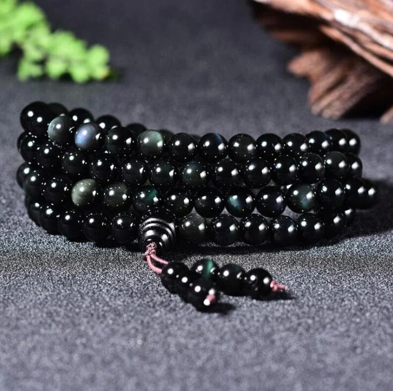 Natural Rainbow Obsidian 108 Mala Beads Necklace Vintage Healing Wrap Bracelet