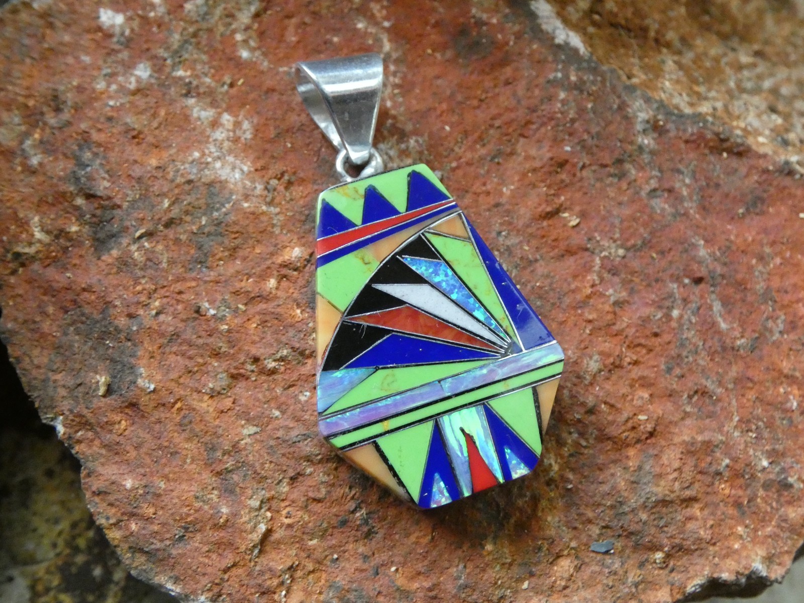 Colorful Micro Inlay Multi Gemstone Sterling Silver Aluminum Alloy Pendant AT6