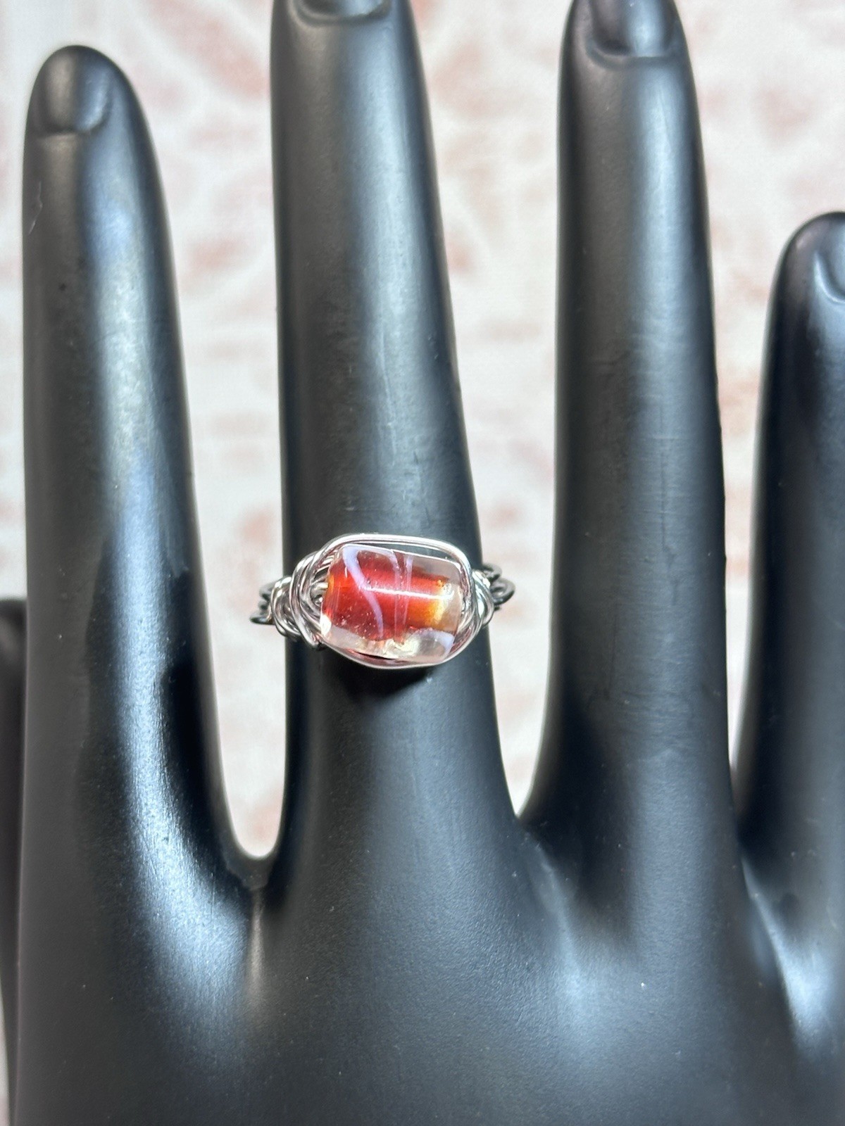 Silver Tone Wire Wrapped Ring w/ Oval Red Orange White Bezel Stone Band Size 7