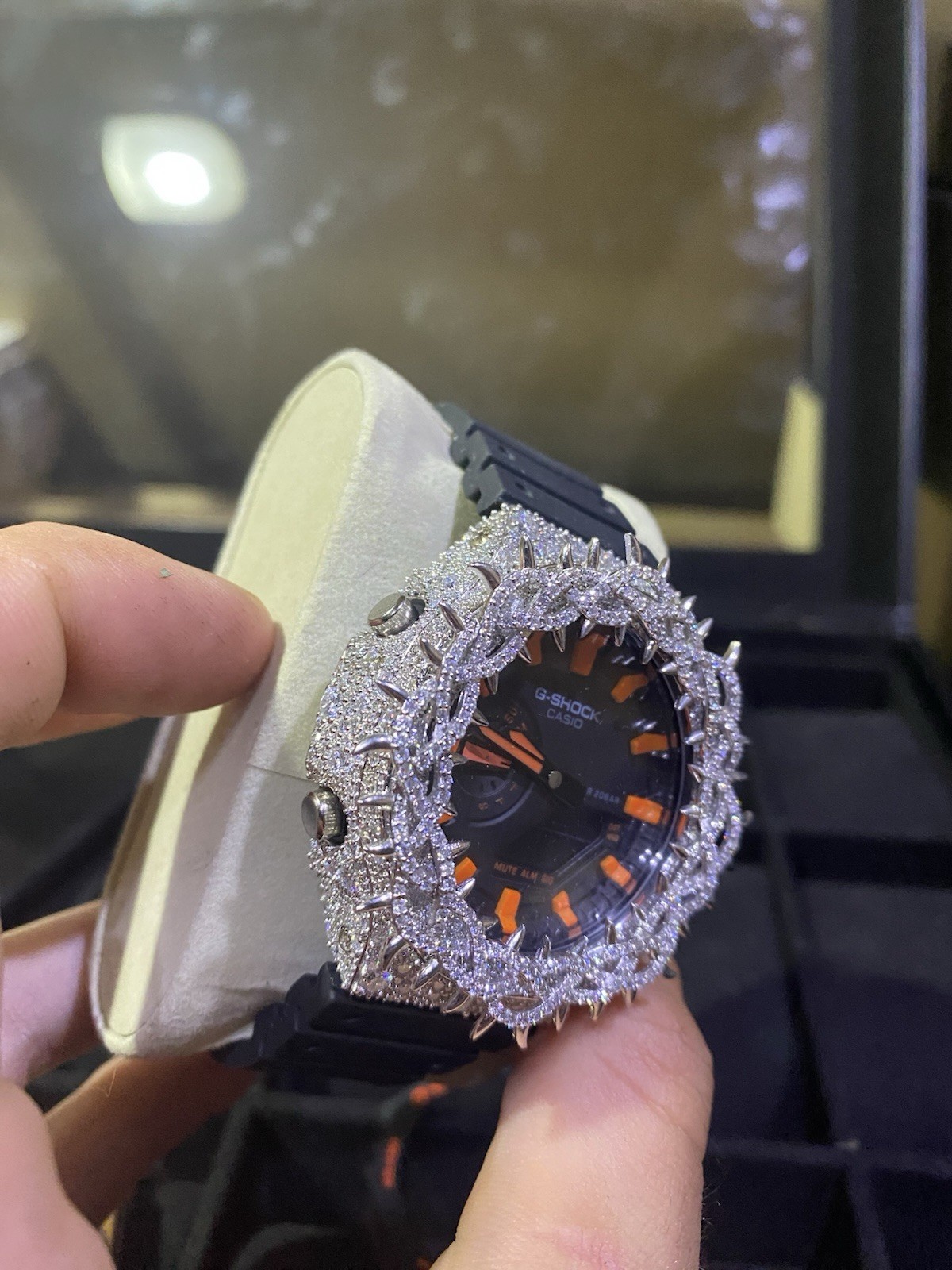 Black & Orange Casio G-shock Watch VVS Moissanite Diamond Bezel