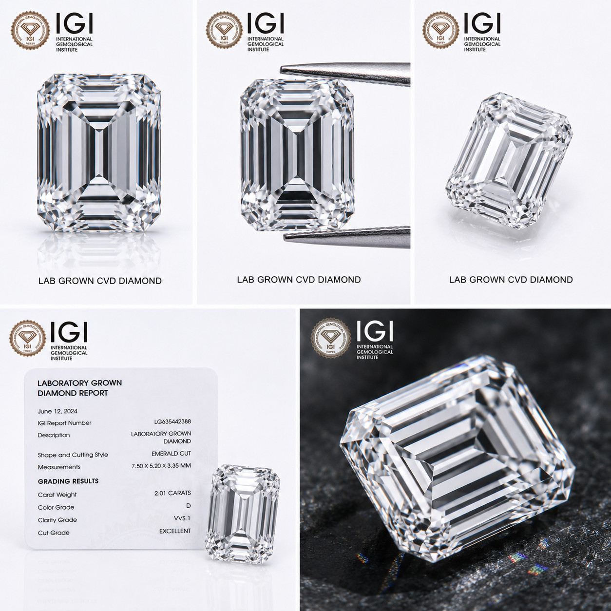 1 Ct Emerald Cut IGI Certified Lab Grown CVD Diamond D Color VVS1