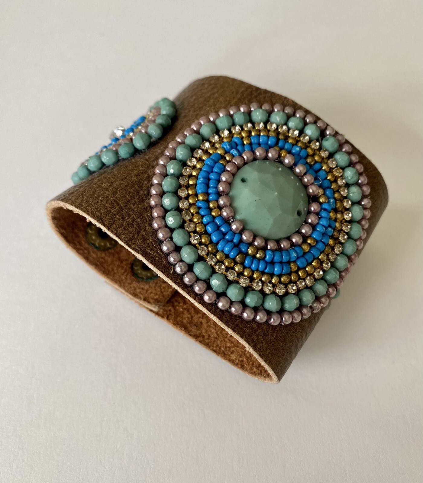 Handmade Faux Blue Green Gold Seed Stone Genuine Brown Leather Bracelet Sz S