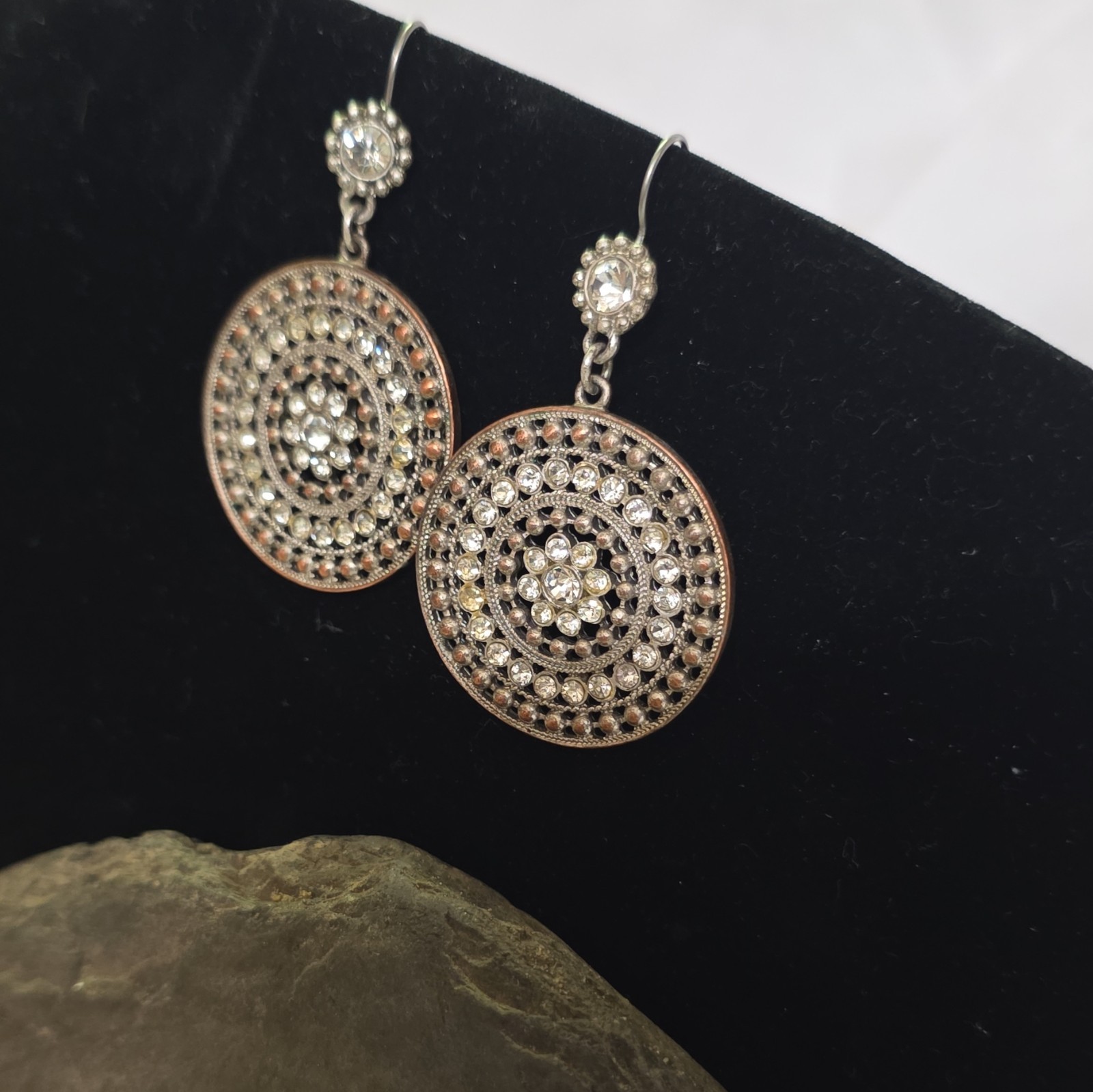 Round White Crystal Rhinestone Dangle Drop Earrings, Silver Tone Hook Closure