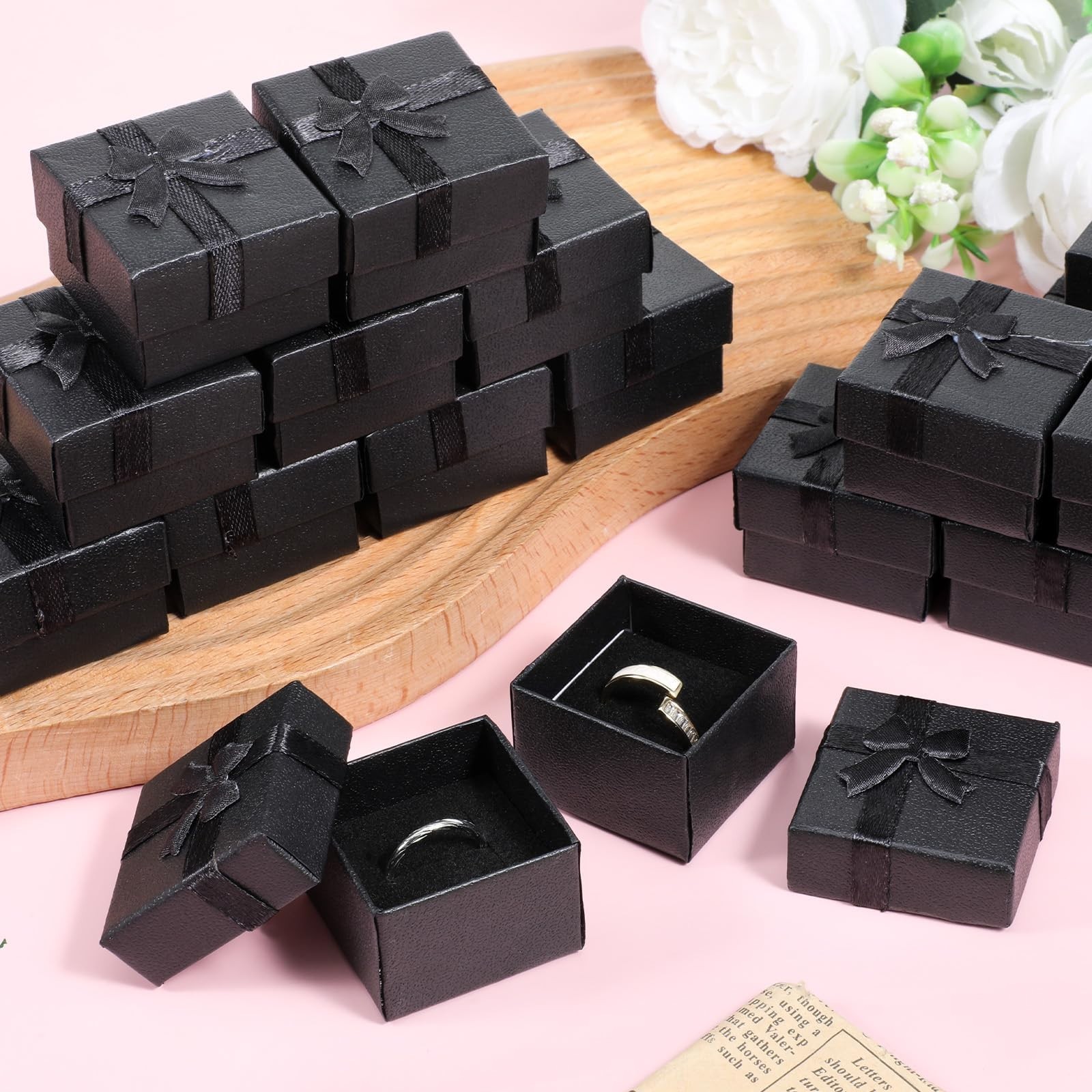 72 Pcs Square Jewelry Ring Boxes with Ribbon Bow – Cardboard Gift Box Set, Black