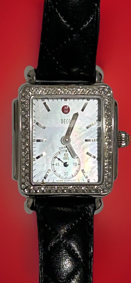 Michele Deco Diamond Watch .49ct 108 Diamonds Black Leather Sapphire