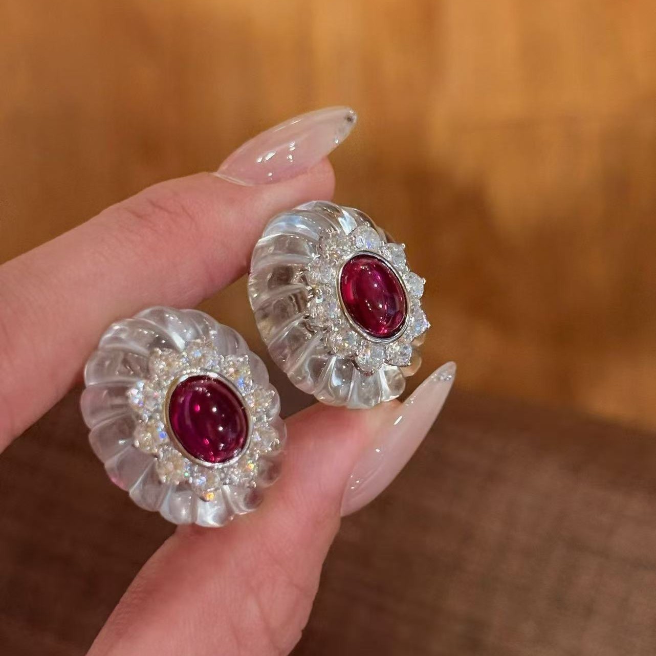 ILIKEIT 925 Sterling Silver White Crystal and Red Corundum Clip Earrings