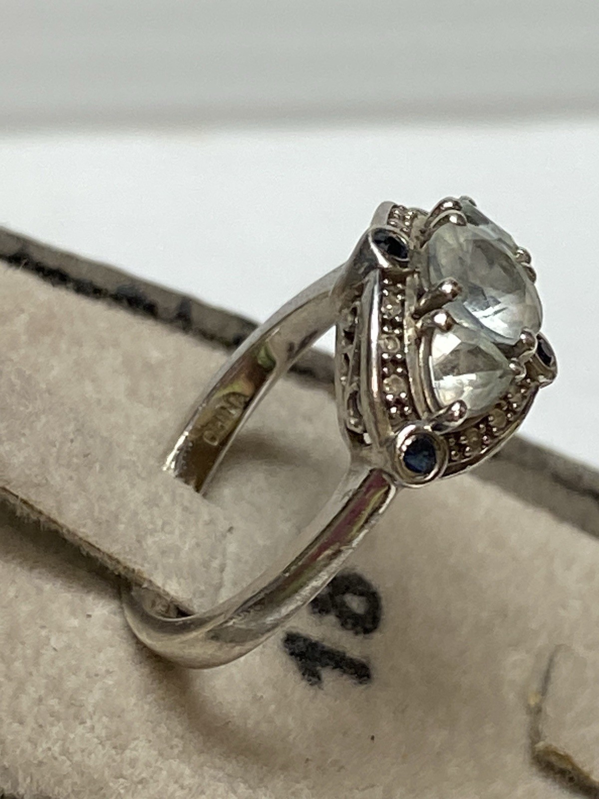 Sterling Sliver 925 Ring W/3 Aquamarine & 4 Sapphire Accents