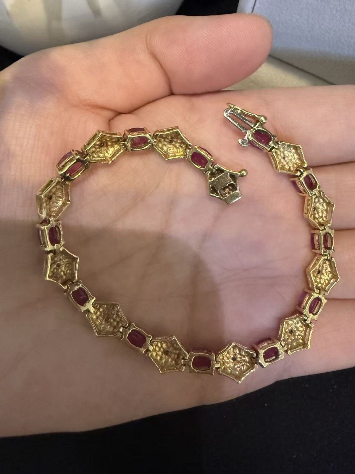 14K Gold Link Bracelet Natural Ruby with Accent Diamonds Fine Jewelry