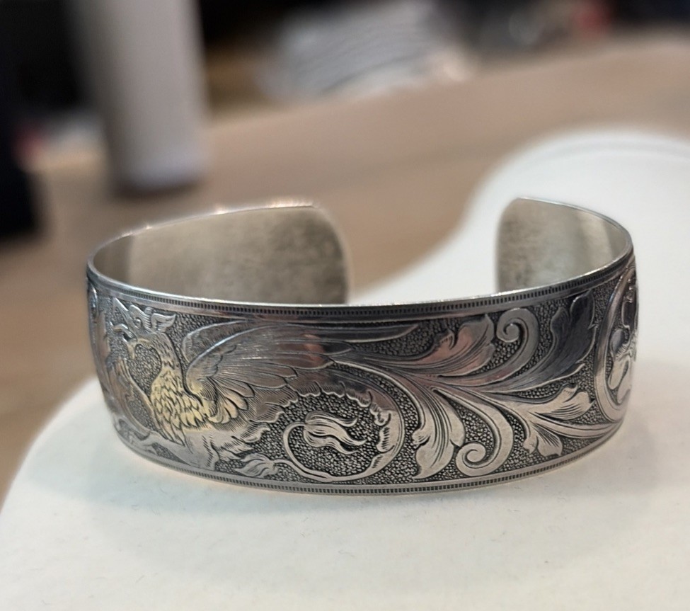 Dragon Etched Sterling Silver 1” Wide Cuff Bracelet Sz 5-1/2 -Engraved – 16g