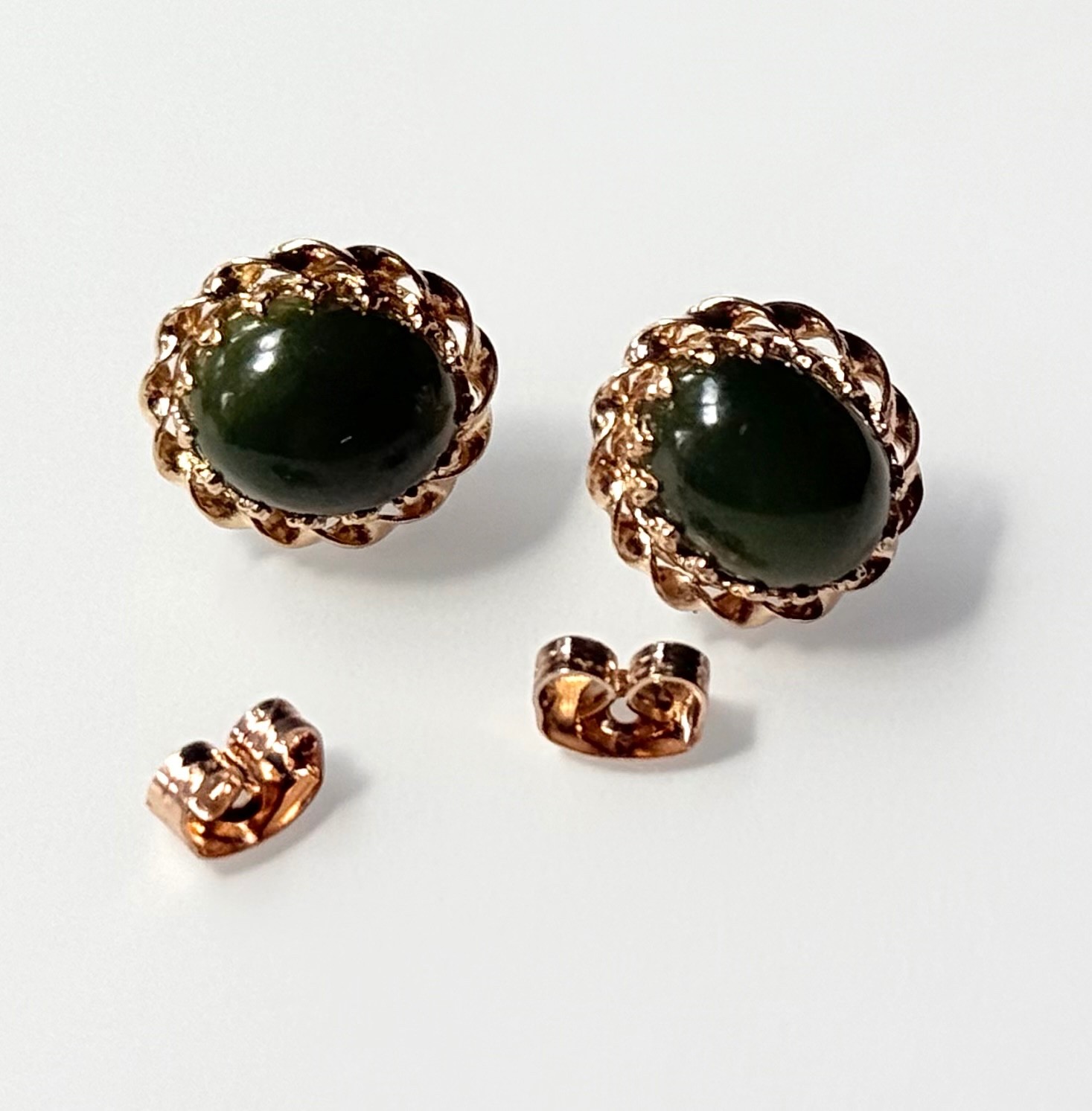 Vtg Stud Green Cabochons Earrings set in 14K Gold Intricate Twisted Prong Set…