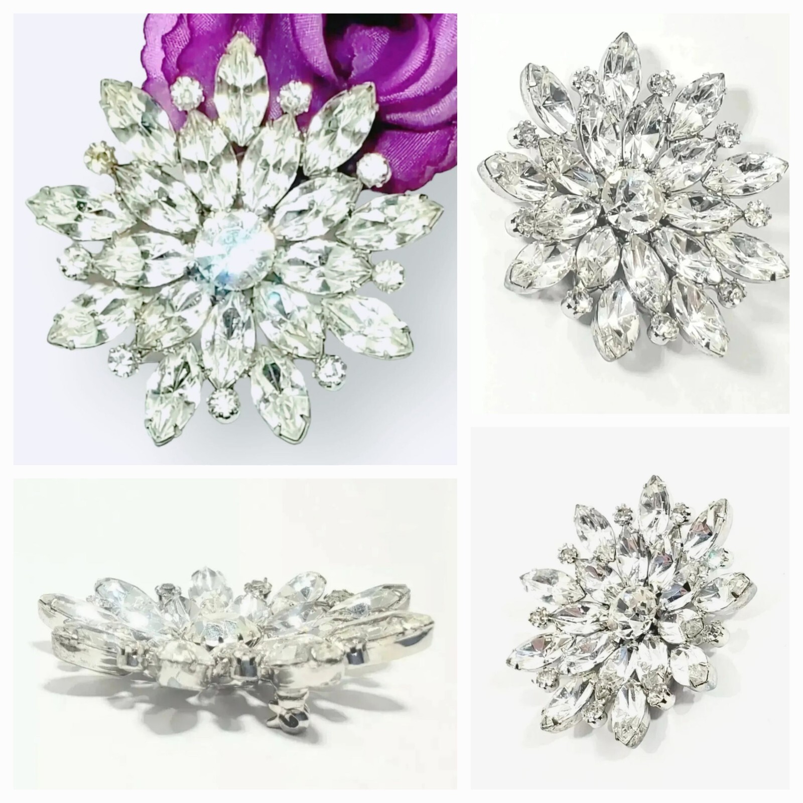 Stunning VTG Mid-Century Flower Crystal Rhinestone BROOCH PIN Rhodium-plated