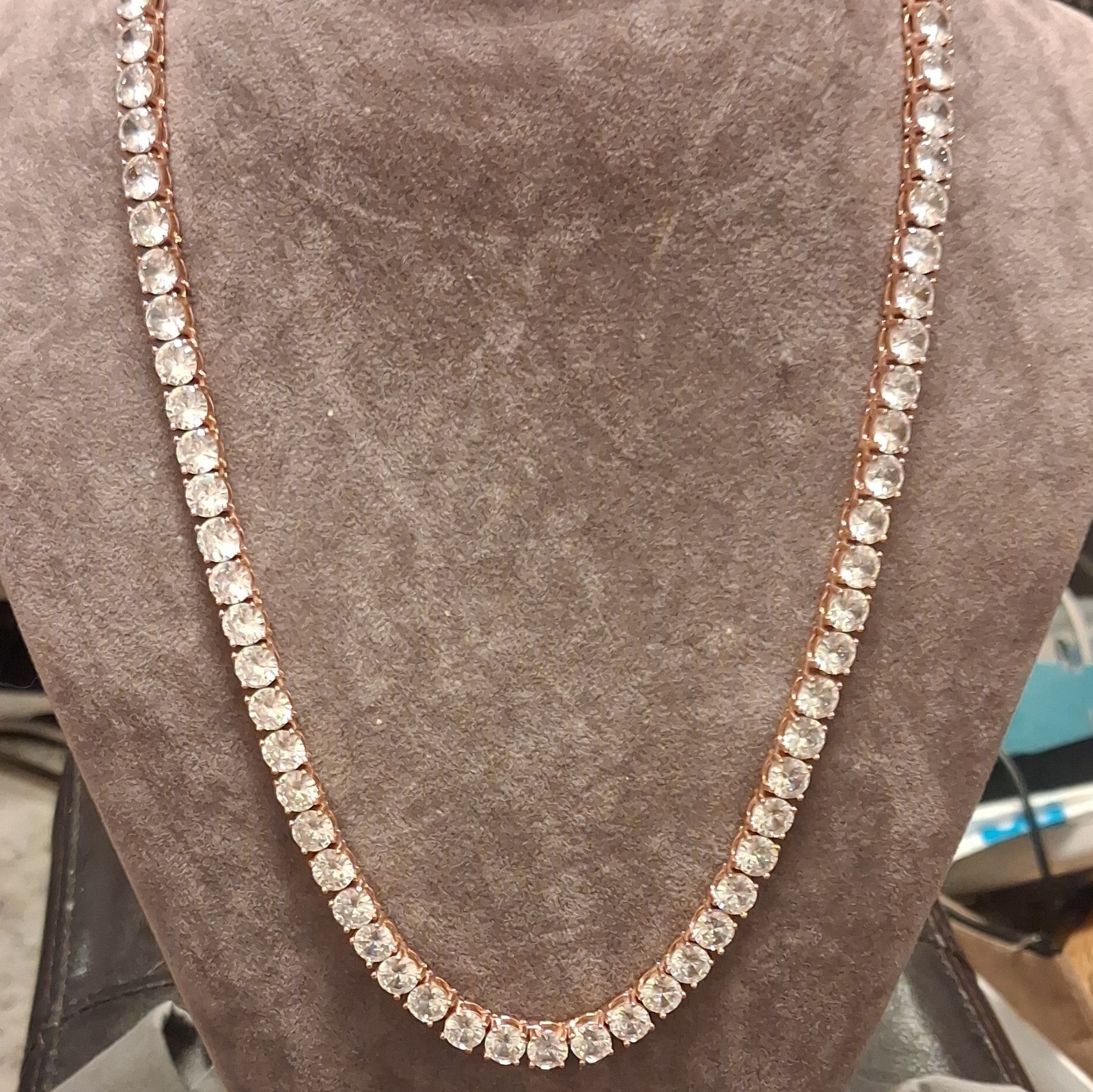 Rose Gold Plated Tennis Chain Necklace Round Simulated CZ Rhinestone Prong Set