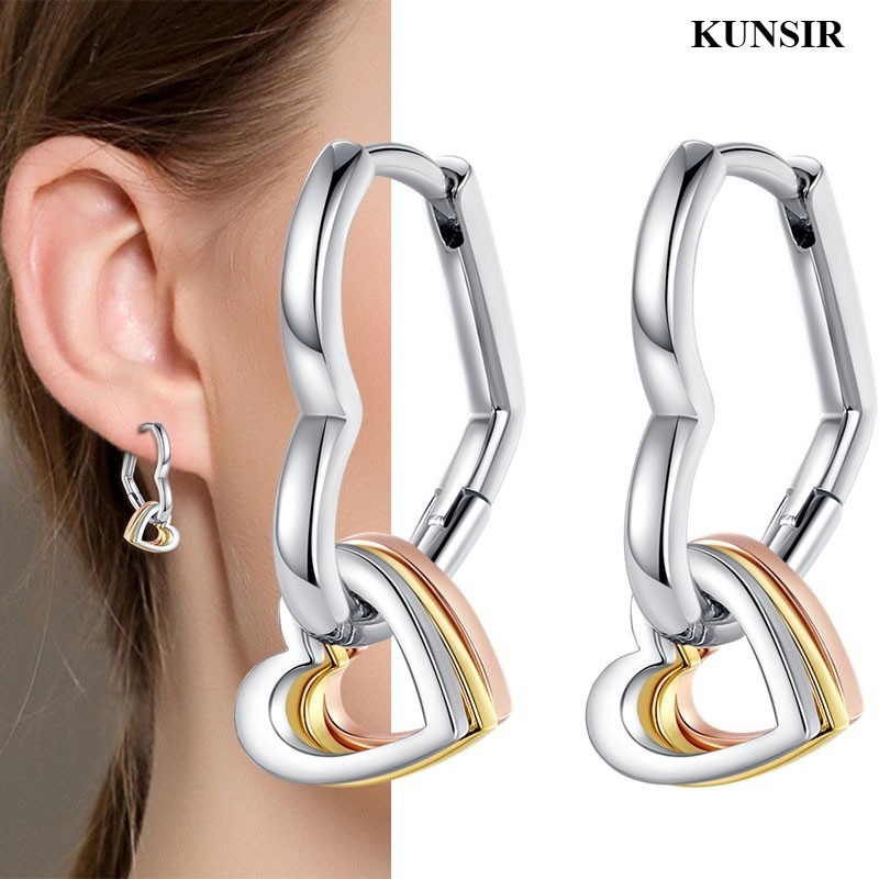 KUNSIR 925 Sterling Silver Heart Charm Drop Dangle Hoop Earrings For Women Gifts