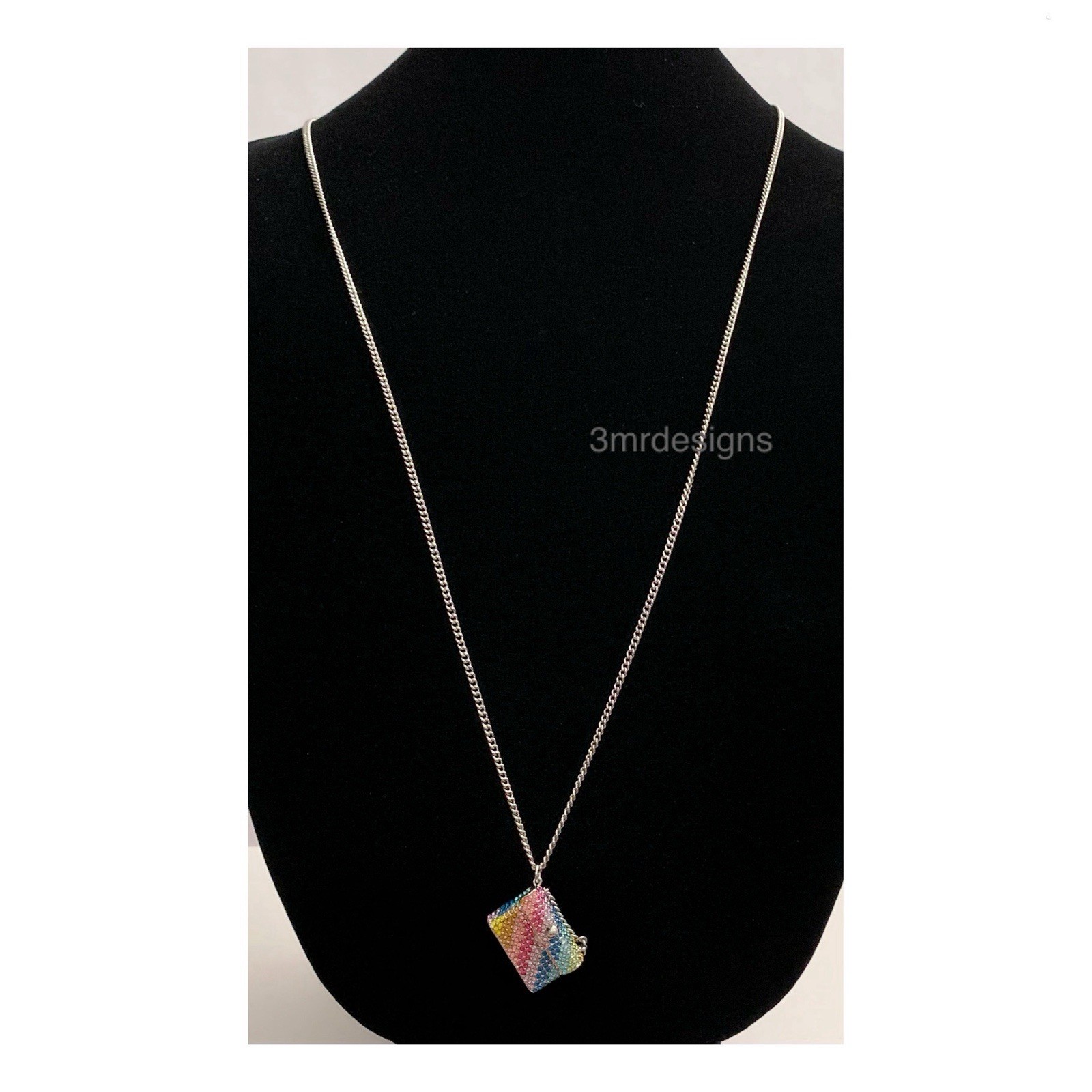 NWT KURT GEIGER Rainbow Crystals Silver Tone Kensington Mini Bag Long Necklace