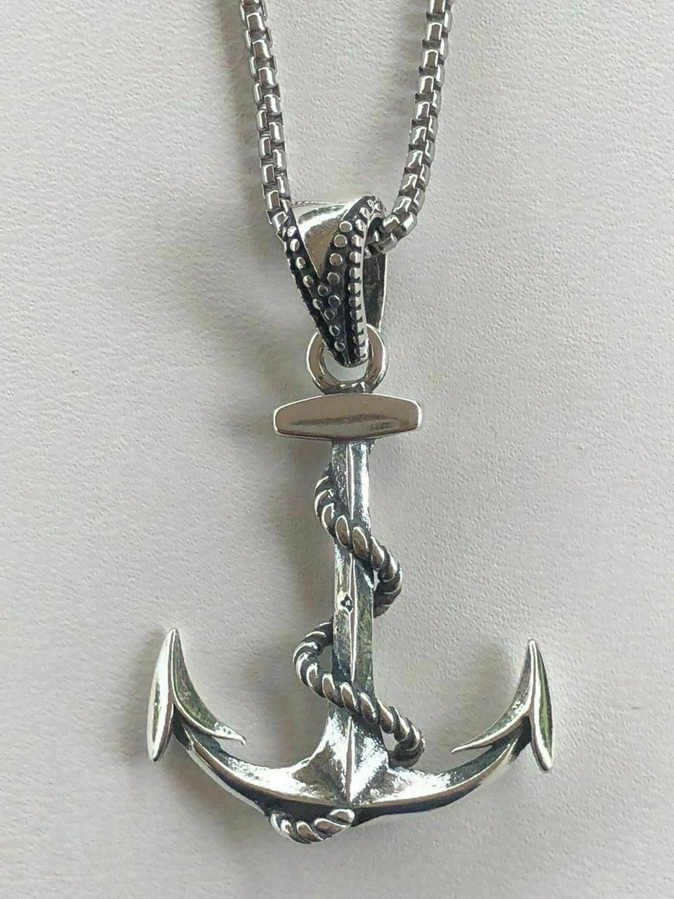 Solid 925 Sterling Silver Nautical NAVY Anchor Mens Pendant W. 22” Chain 1×1.5”