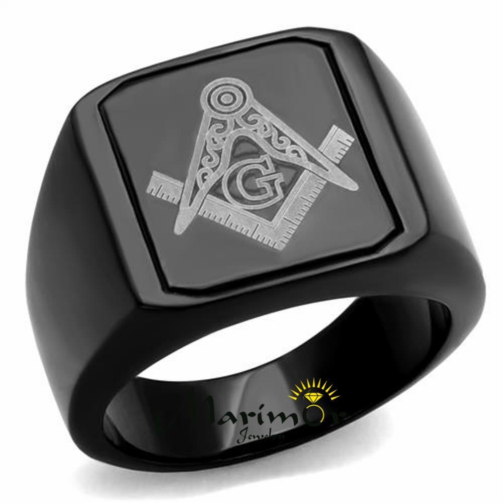 Men’s Stainless Steel Black Ion Plated & Enamel Masonic Freemason Ring Size 8-13