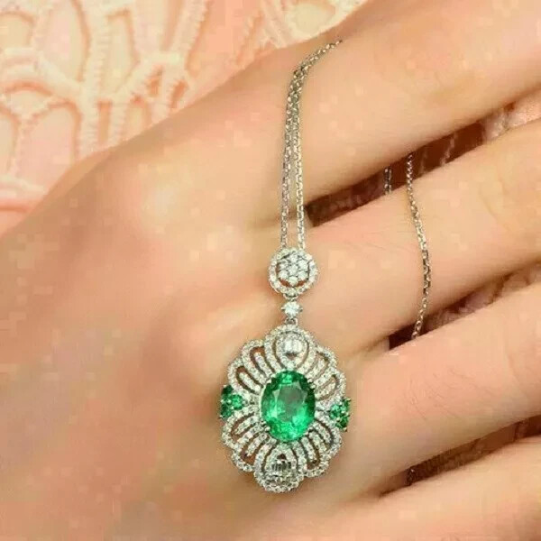 3Ct Oval Cut Green Emerald Gorgeous Pendant 14K White Gold Finish Free Chain