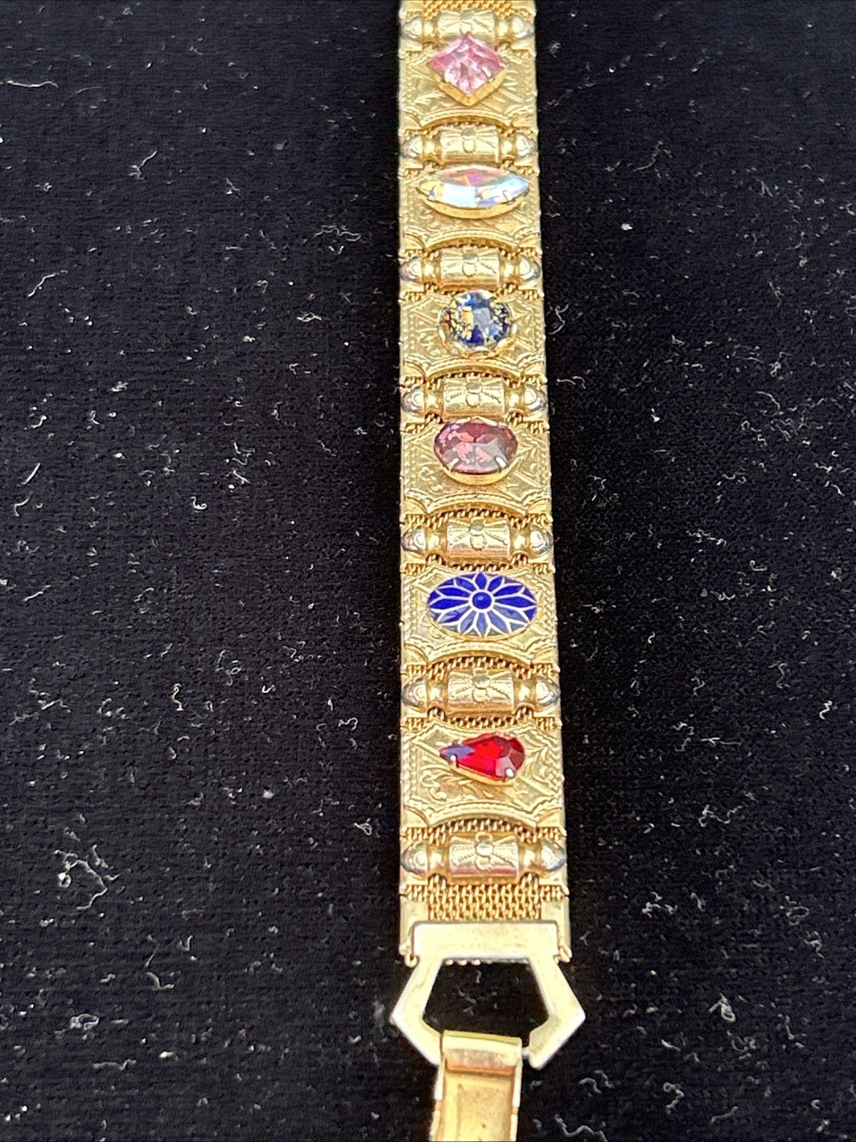 Vintage Mesh 7″ Bracelet Victorian Revival Station Stone Charms