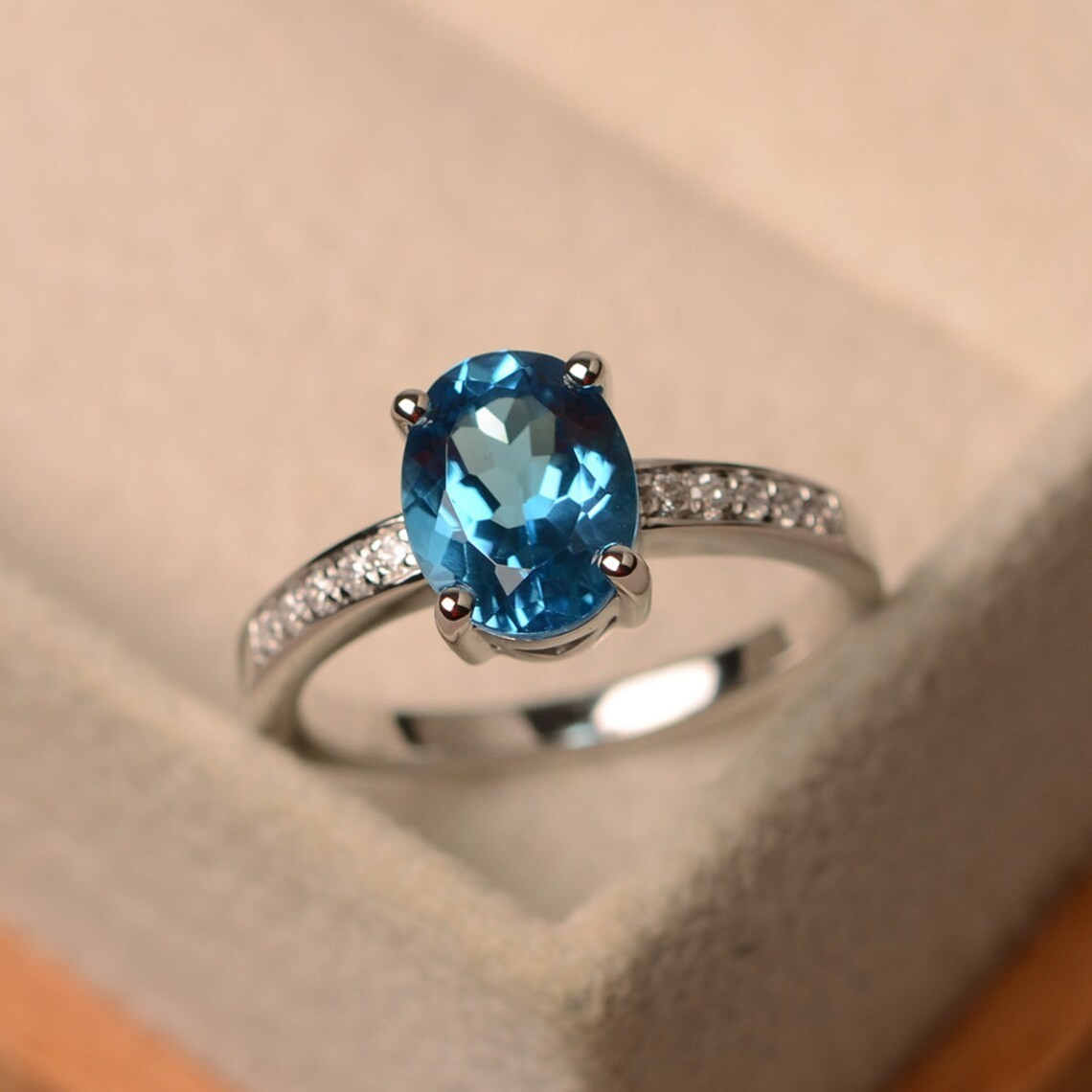 2CT Blue Topaz Oval Gemstone 925 Silver Plated Dainty Pave Ring Duty Free
