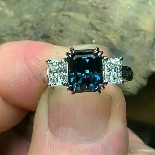 Trilogy 2.50Ct Emerald Cut Alexandrite Engagement Ring 14k White Gold Finish