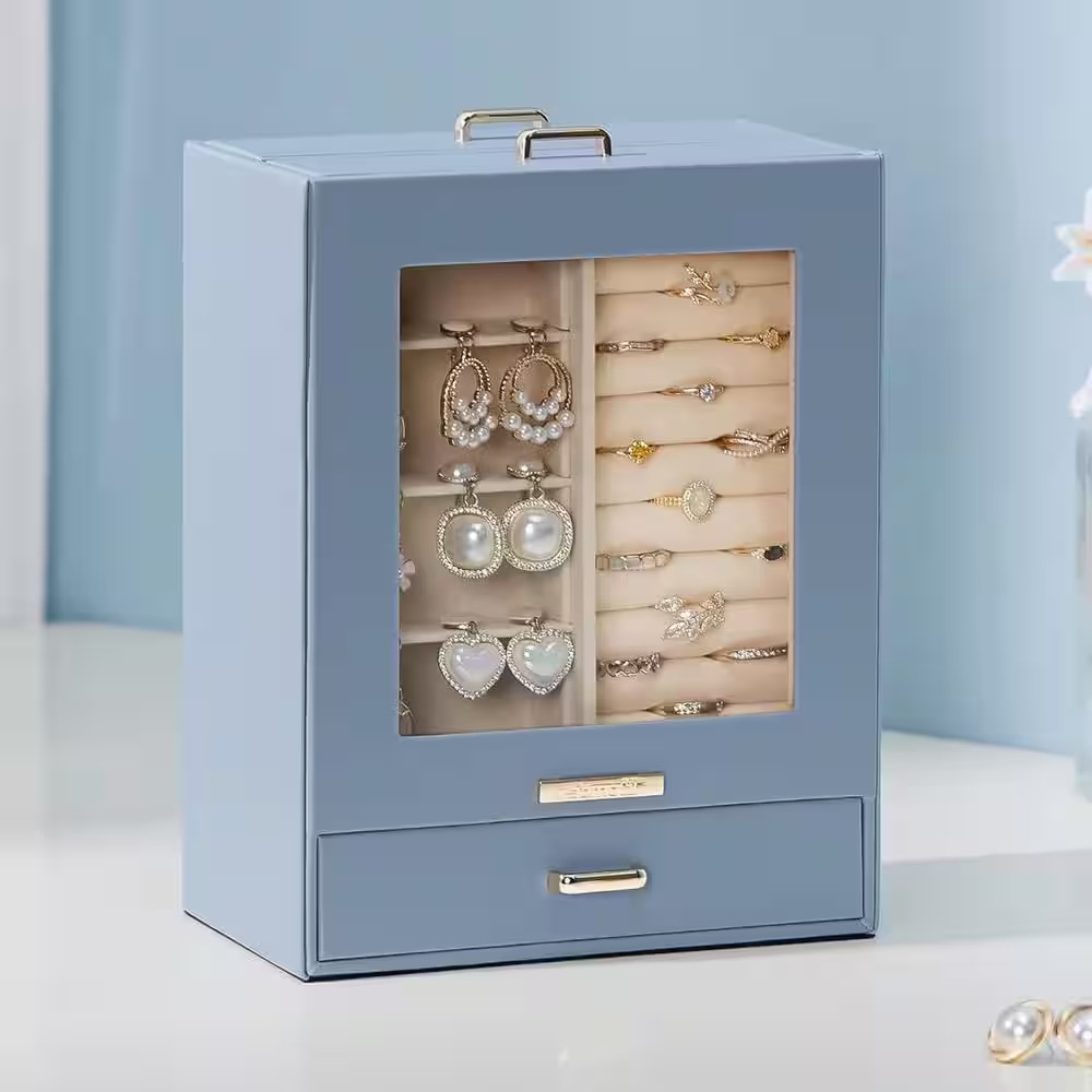 Grey Blue 7 In. X 9 In. Polyurethane Modern Jewelry Box with 3-Drawers