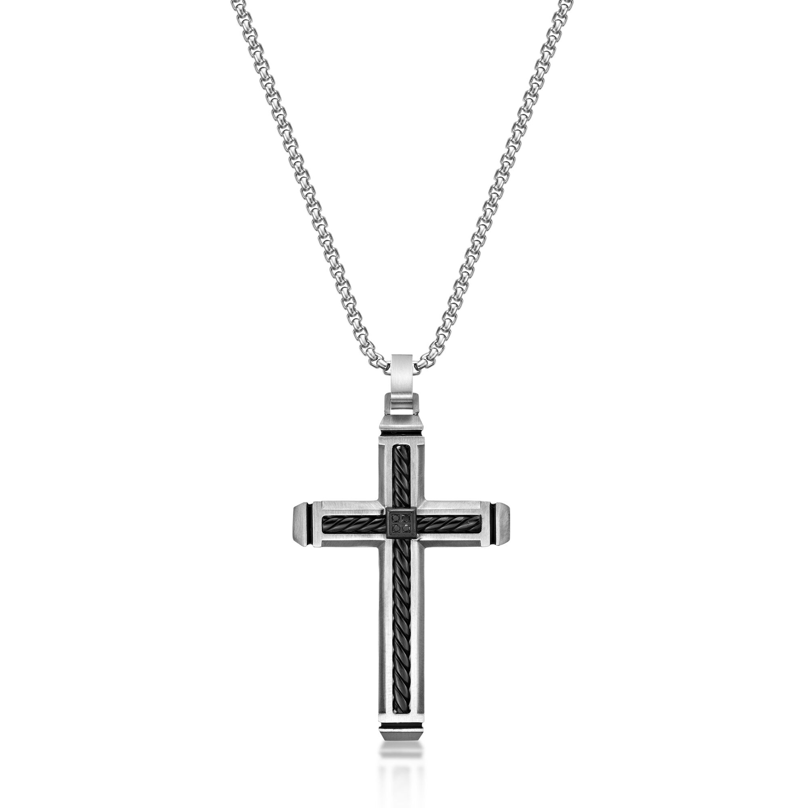 Stainless Steel Black Ion Plated Cross Pendant with 0.02ct. Black Diamonds – 24″