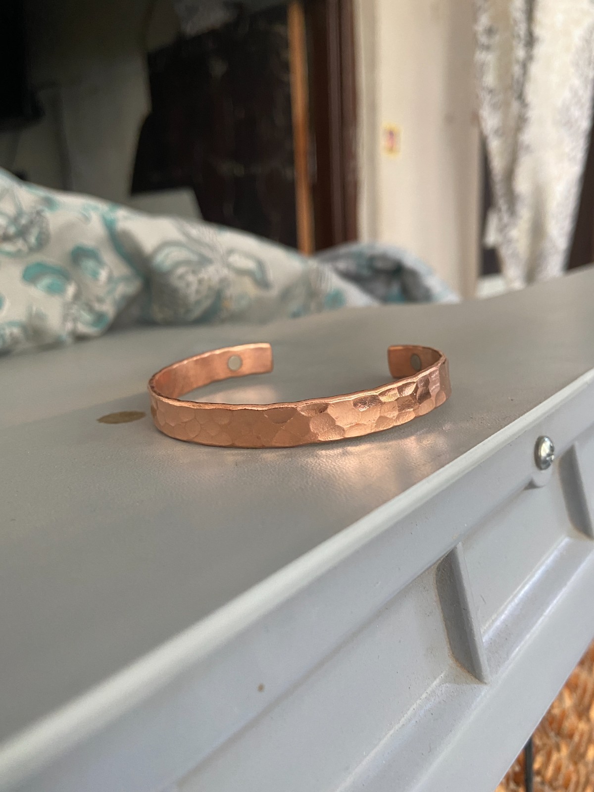 Solid Copper Hammered Cuff Bracelet Magnetic Open Bangle Adjustable Unisex