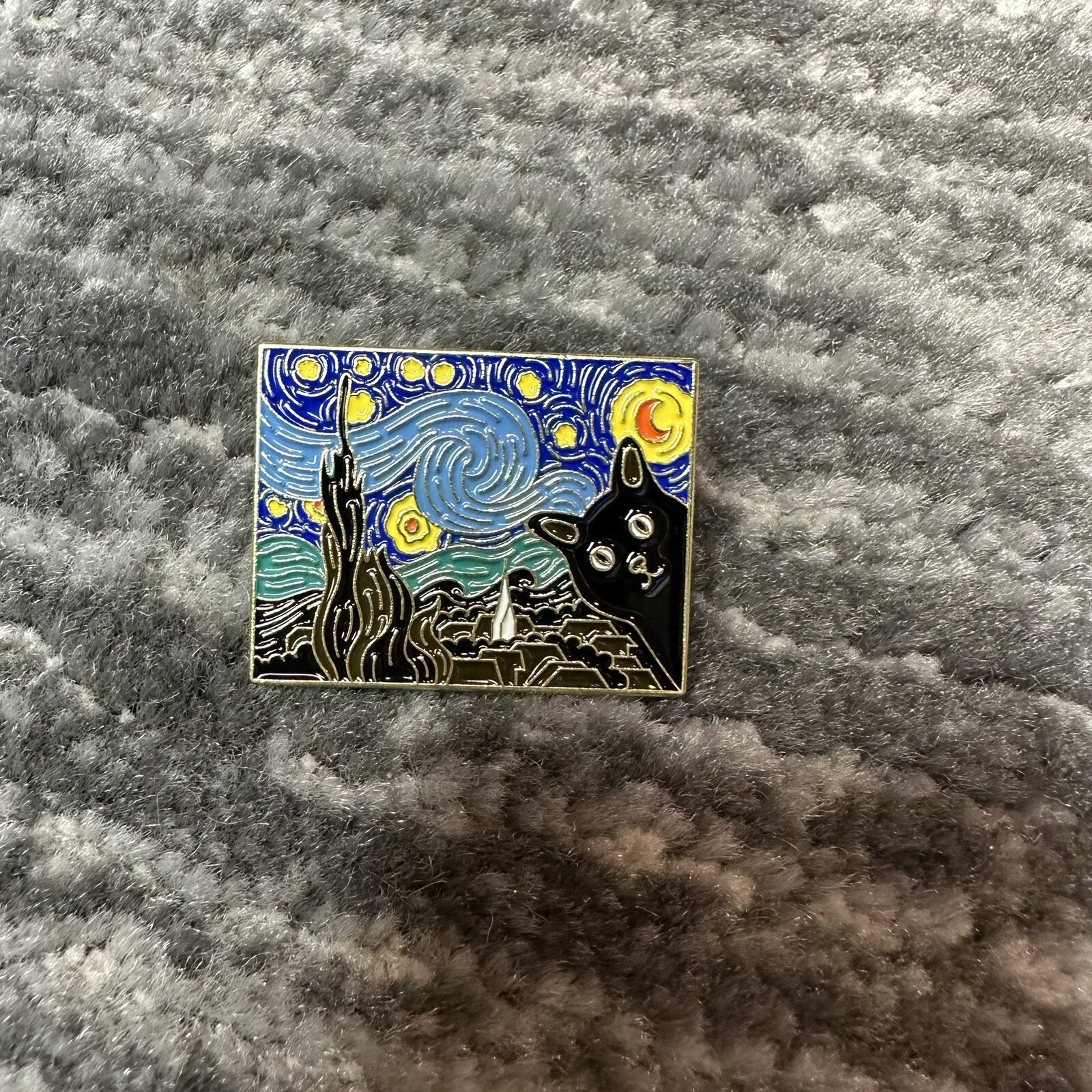 Cat Enamel Pin Starry Night With Black Kitten Face Brooch Lapel Badge Jewelry