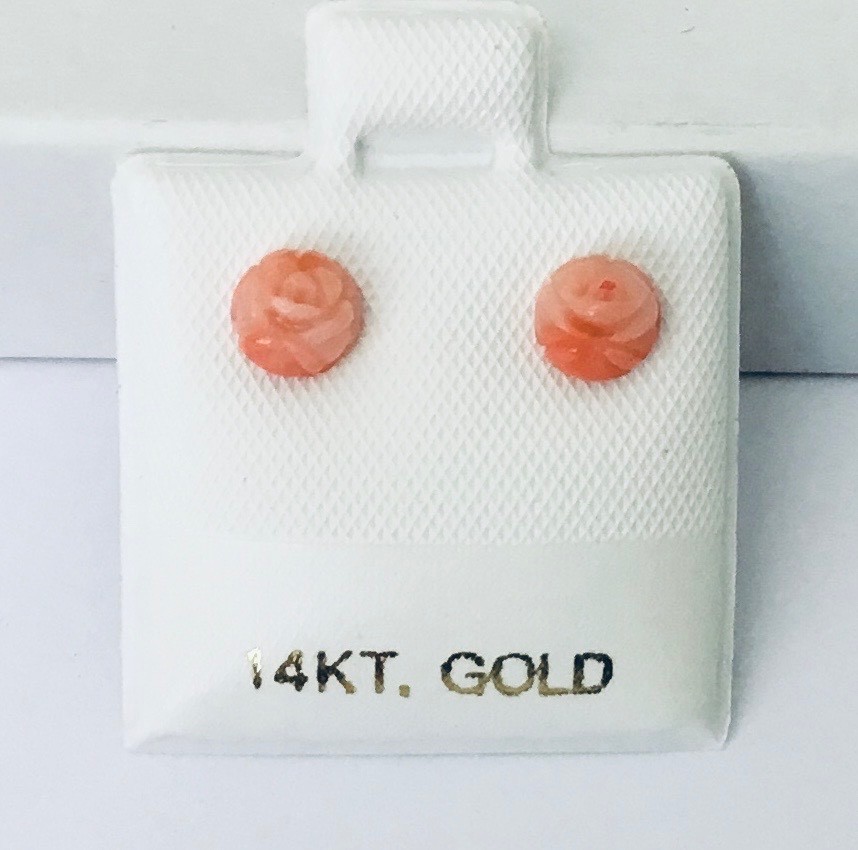 Tiny 14K Gold Natural Pink Coral Hand Carved Rose Flower Stud Earrings NEW