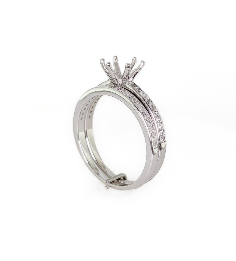 6 mm Round CZ Accent Six Prong Solitaire Ring Setting Sterling Silver Bridal Set