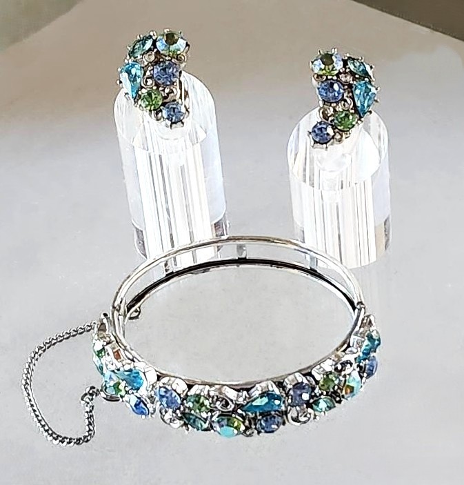 Lisner Vintage Rhinestone Bracelet & Earrings Blues Greens ABs Silver-Tone