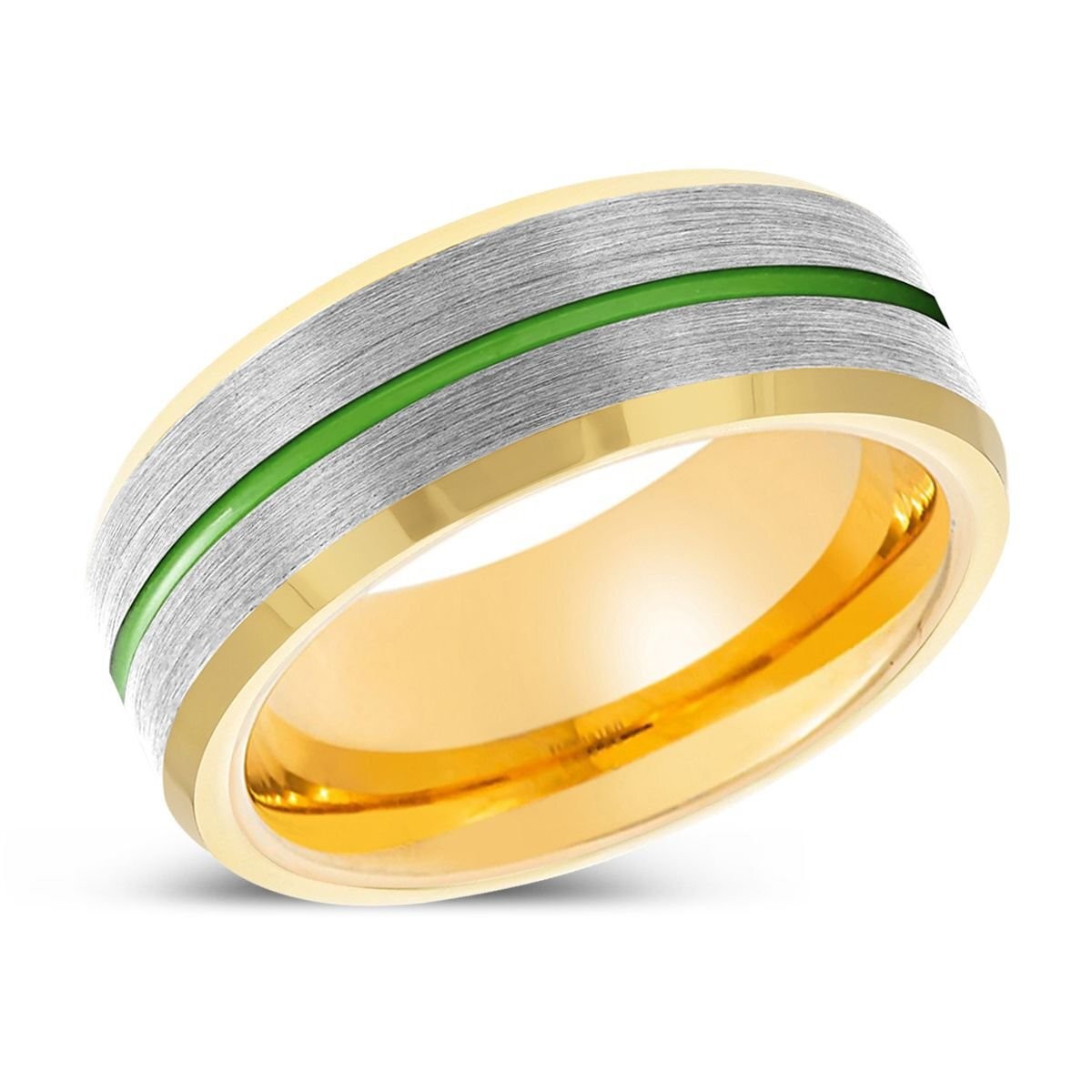 ORACLE | Gold Ring, Silver Tungsten Ring, Green Groove, Gold Beveled Edge