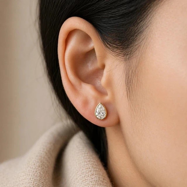 2.Ct Pear Cut Lab Created Diamond Bezel Set Stud Earrings 14K Yellow Gold Plated