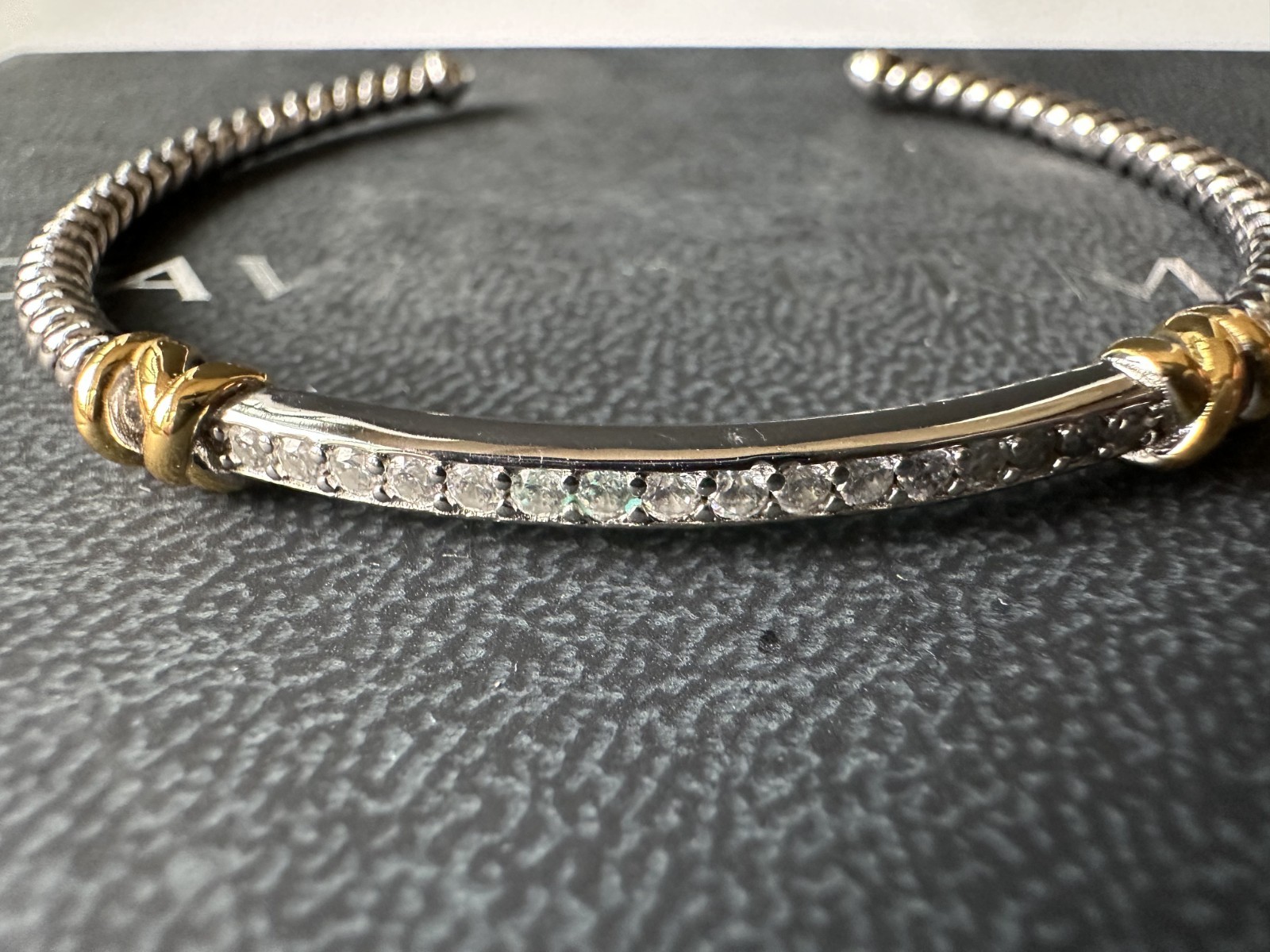 David Yurman Classic Cable Two Tone 925 Silver 18K Gold Diamond Cuff Bangle 21cm