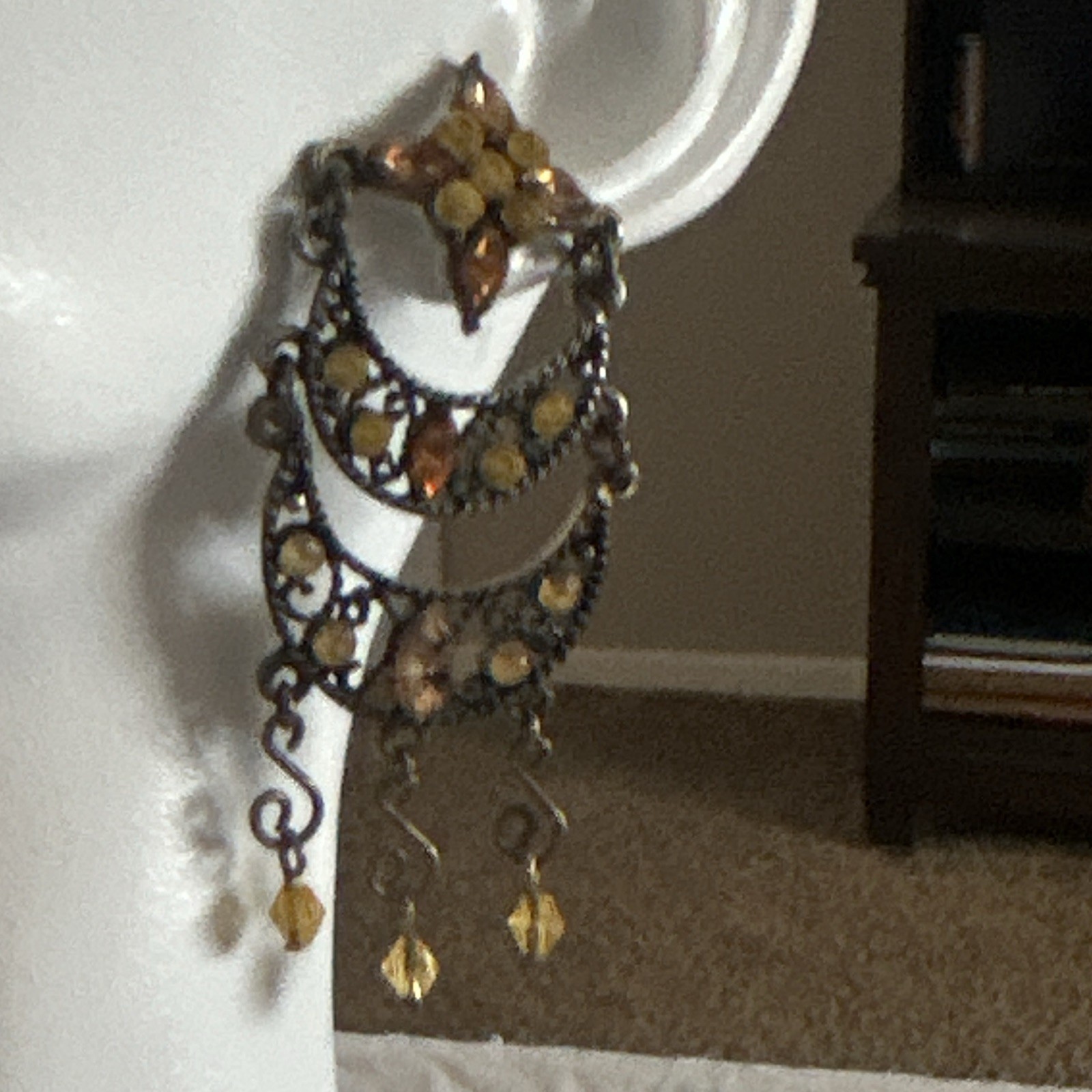 Vintage Asymmetrical Chandelier Dangle Earrings Amber And Crystal Rhinestone