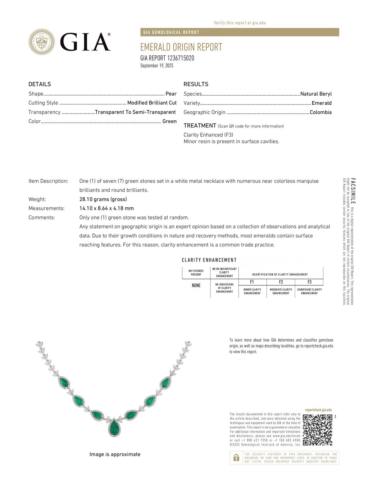 27.46 Ct GIA Certified Colombian Emerald & Diamond Necklace, 18k White Gold