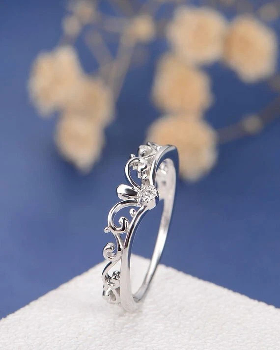 1.20 Ct Round Cut Simulated Diamond Pretty Crown Band Ring 14K White Gold Plated
