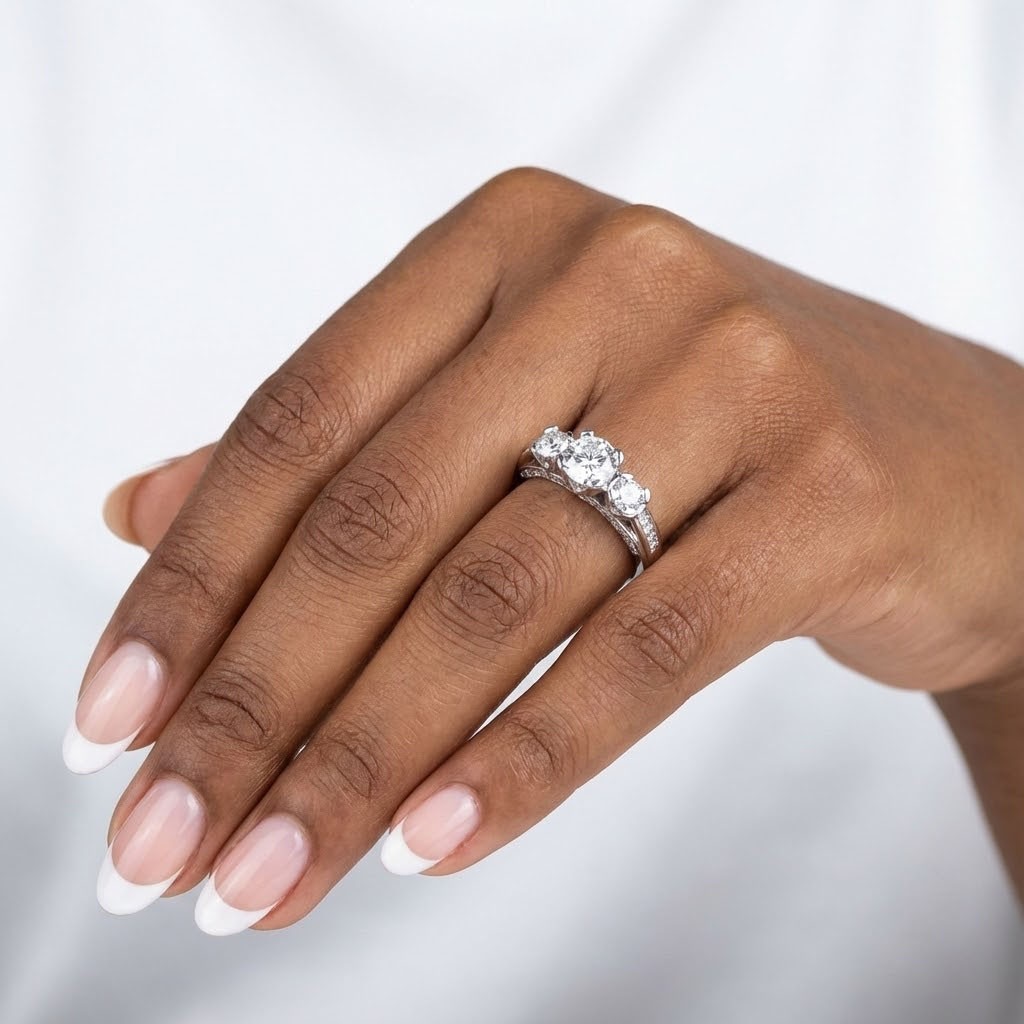 Solid 14K Gold 3-Stone Engagement Ring 2.35 Carat Round Lab-Grown Diamond E SI1