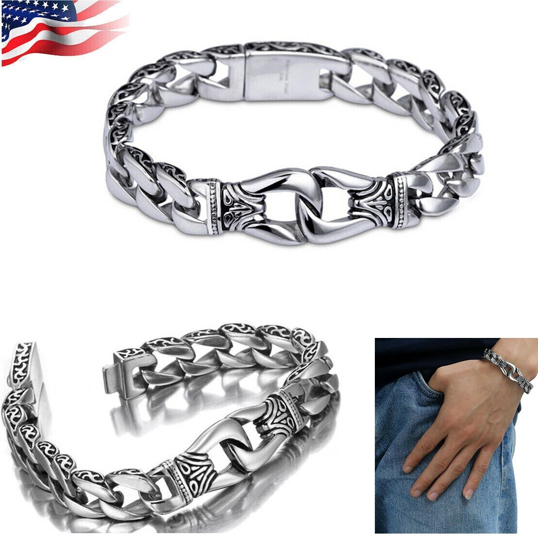 Mens Heavy Sturdy Alloy Motorcycle Biker Chain Bracelet Wristband Gift New USA