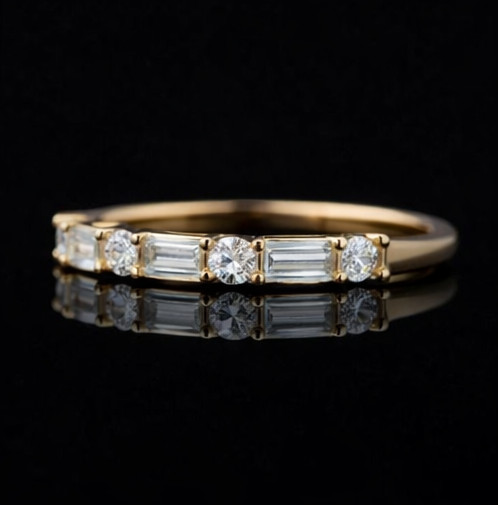 Round & Baguette Lab Grown Diamond Wedding Band, 925 Silver Matching Band