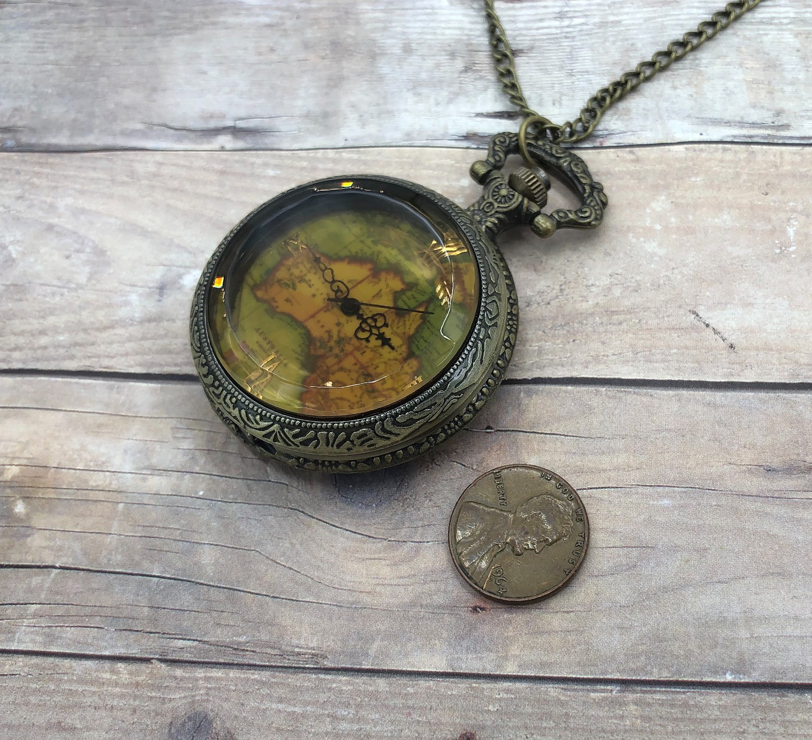 Vintage Map Pocket Watch Necklace 47mm Antique Bronze Case w/ 31″ Chain