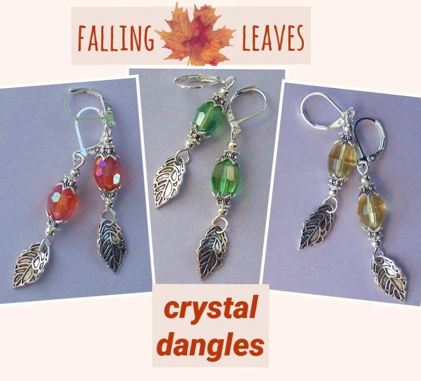 FALLING LEAVES CRYSTAL dangles Lever back handcrafted YOU CHOOSE