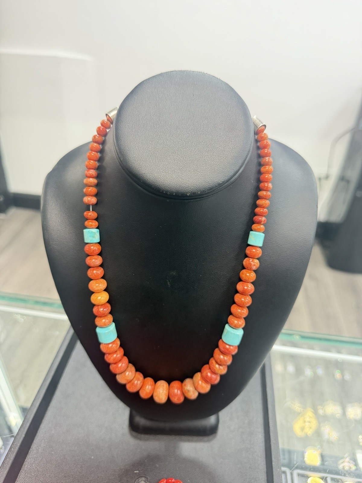 Sleeping Beauty Turquoise & Carnelian Style Necklace 925 Sterling Silver 22”