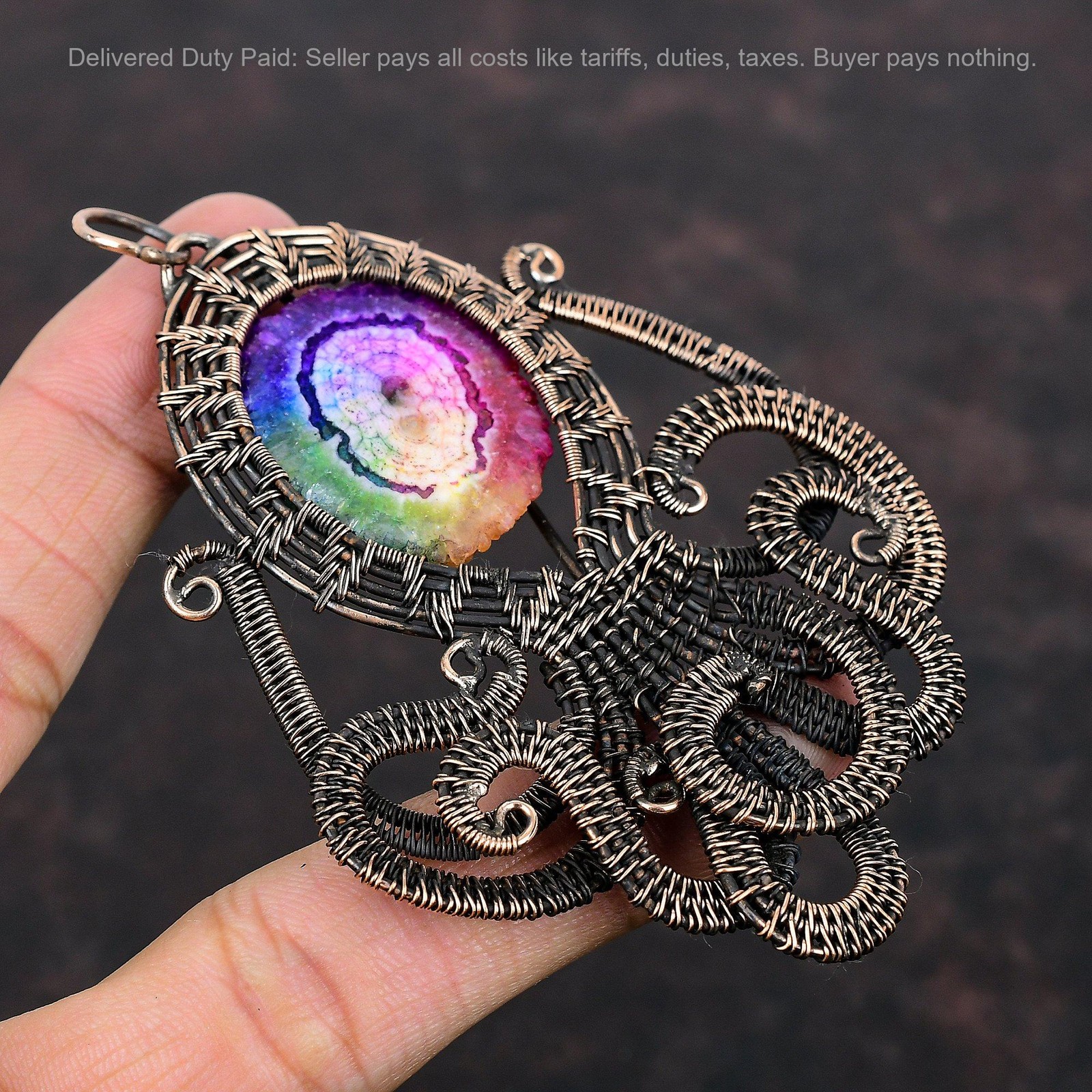 Rainbow Solar Quartz Druzy Stone Copper Wire Wrapped Octopus New Pendant Jewelry