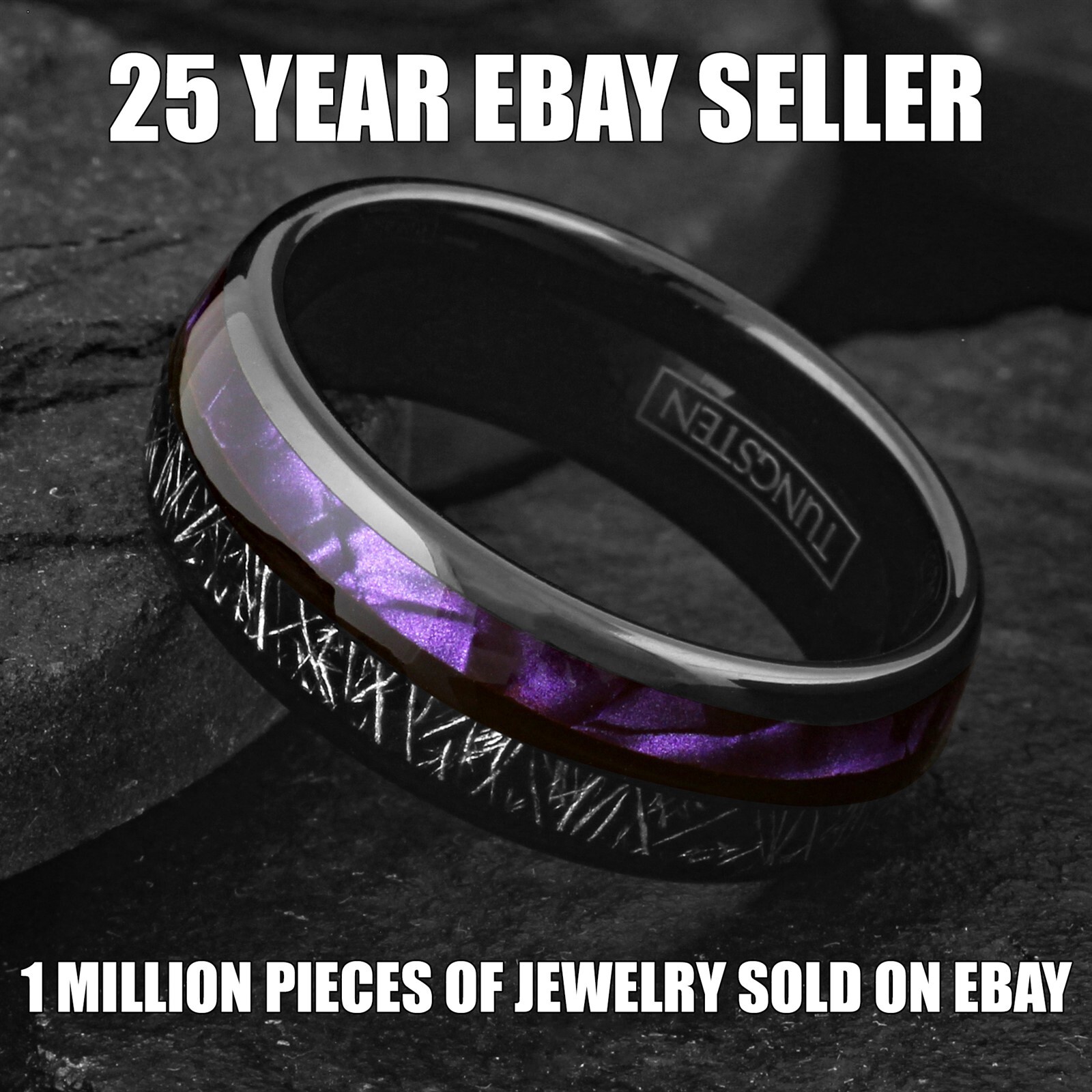 Black Tungsten Carbide Ring Purple Shell and Faux Meteorite Stripe Wedding Band