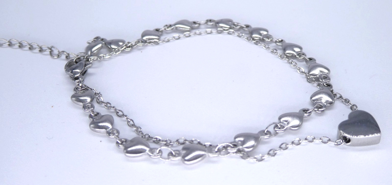 Silver Tone Double Layer Heart Bracelet Elegant Pretty Dainty Chain
