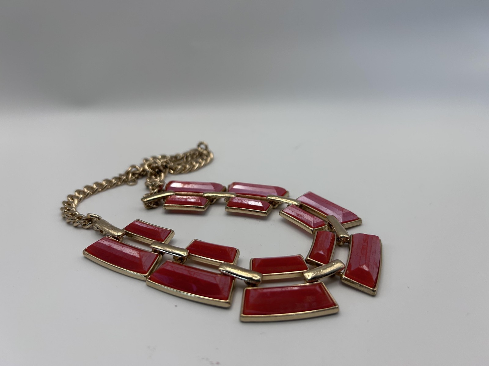 Necklace Red Resin Bib Statement Gold Tone Rectangle Pendant Lobster 18 In