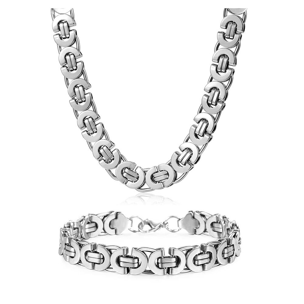 11mm Men’s Flat Byzantine Chain Necklace Bracelet Set Stainless Steel Chain