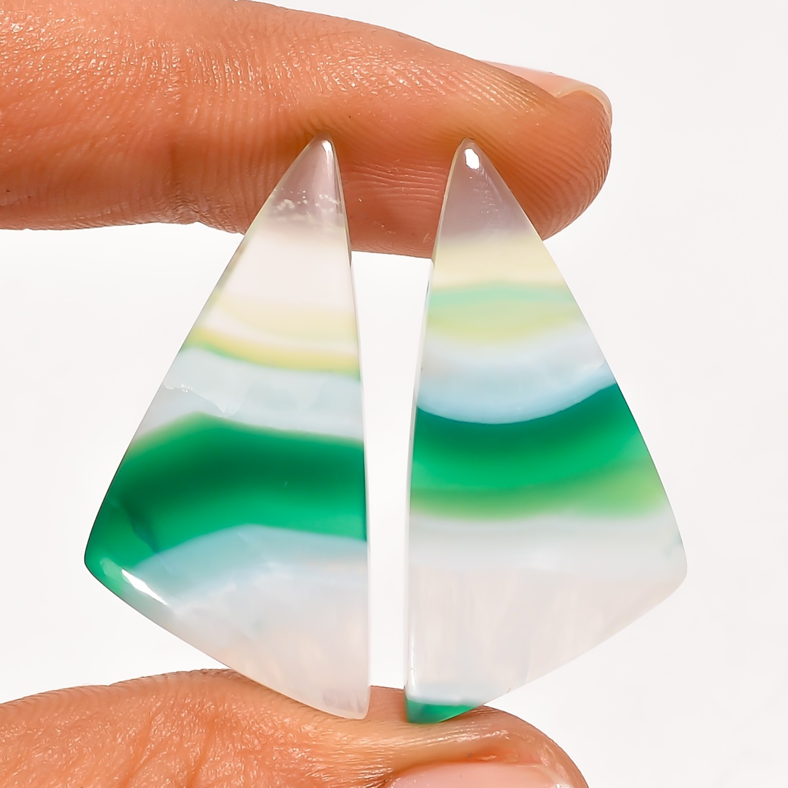 Green Banded Agate Gemstone Matching Pair 32x17mm Fancy Shape Earrings Stone