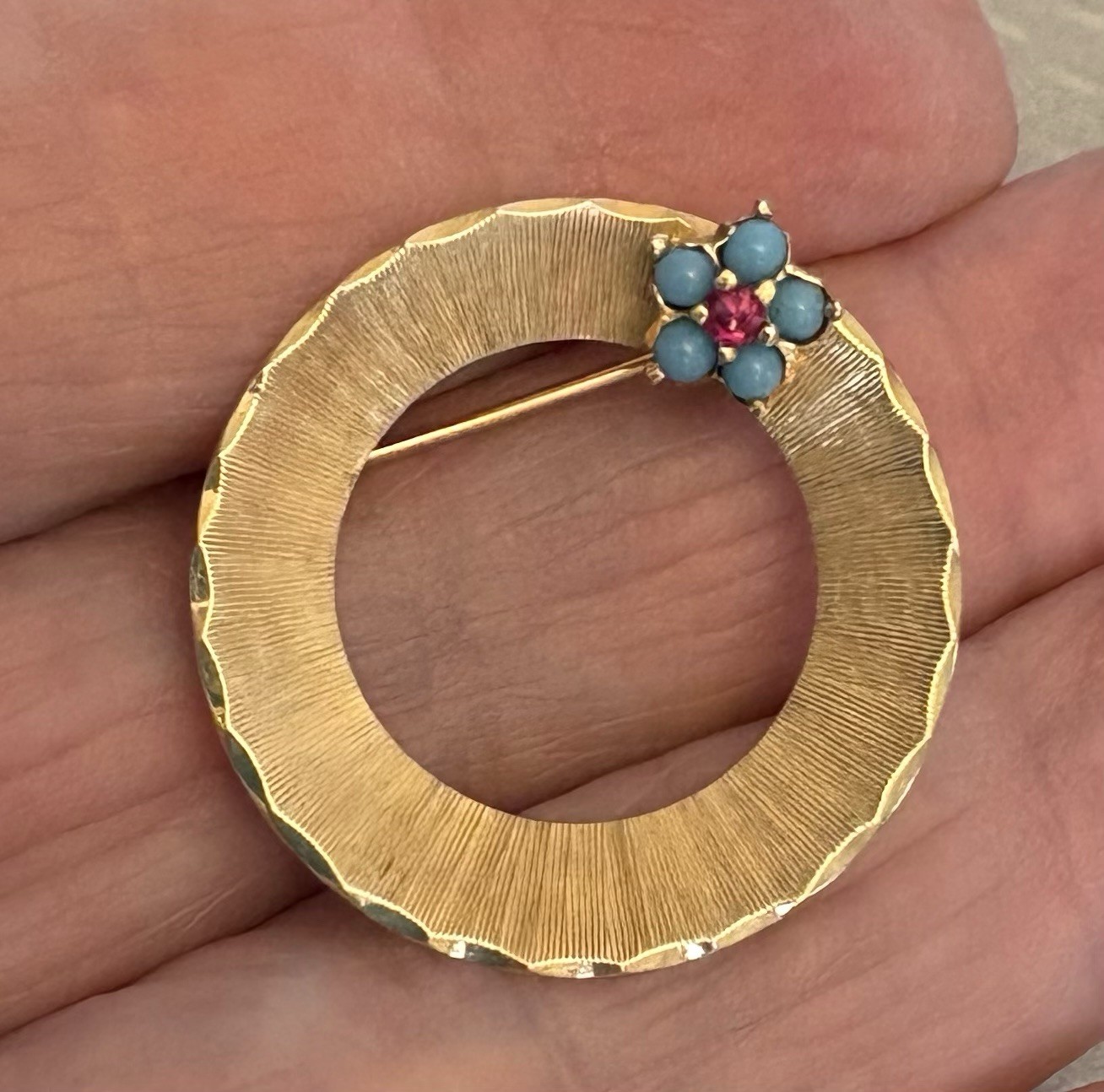 60s Retro 14K Brushed Gold Circle Pin Turquoise Ruby Flower Vintage Brooch 1″